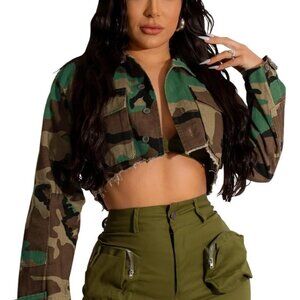 Women's Cropped Jean Jacket Button Up Long Sleeve Ripped Denim Jacket Army Green